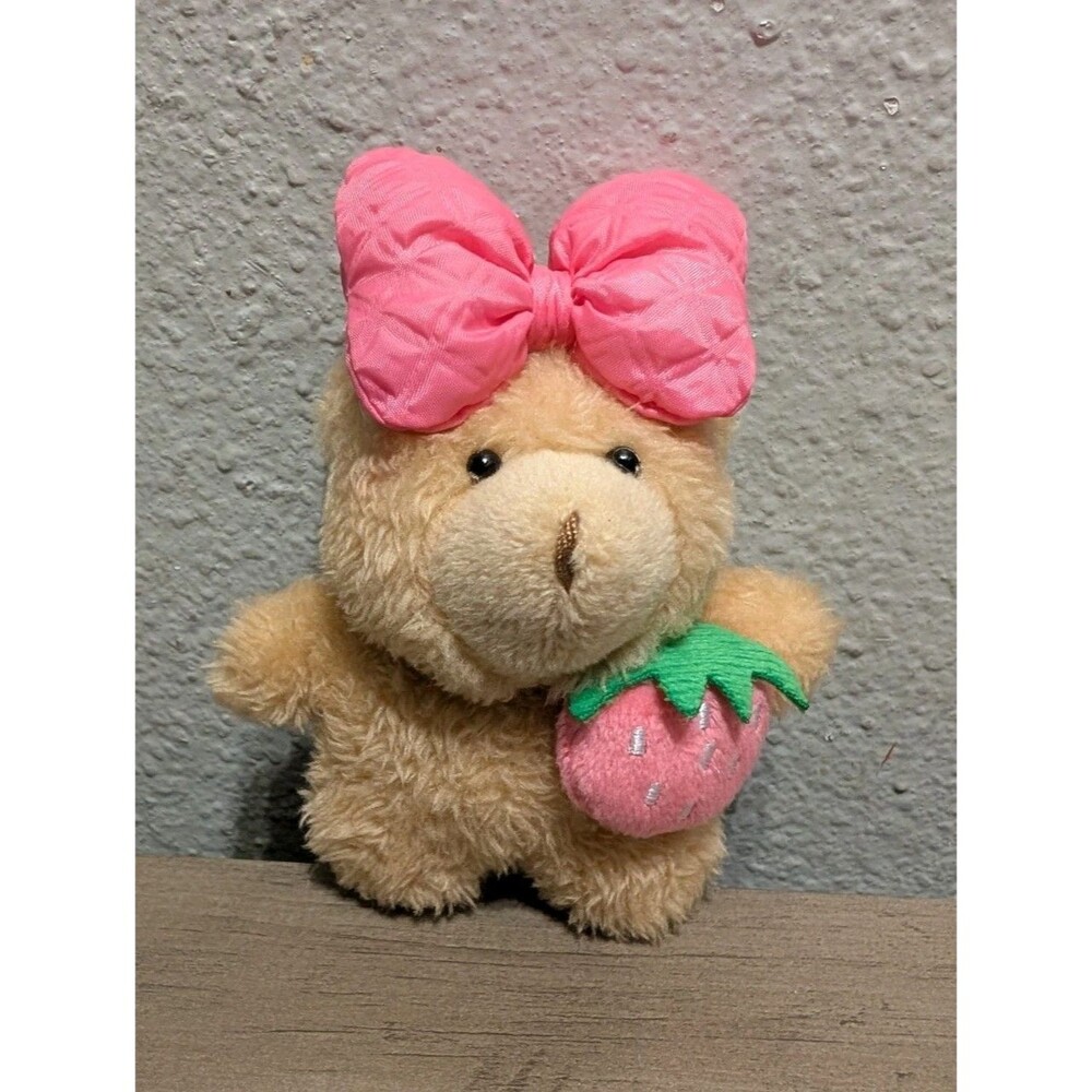 Strawberry Teddy Bear Plush Bag Charm Keychain Pink Bow Cute Kawaii 5" Soft